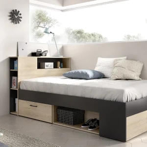 Bed met hoofdeinde en opbergruimte 120 x 190 cm, naturel en antraciet – LEANDRE Bed met hoofdeinde en opbergruimte 120 x 190 cm, naturel en antraciet – LEANDRE