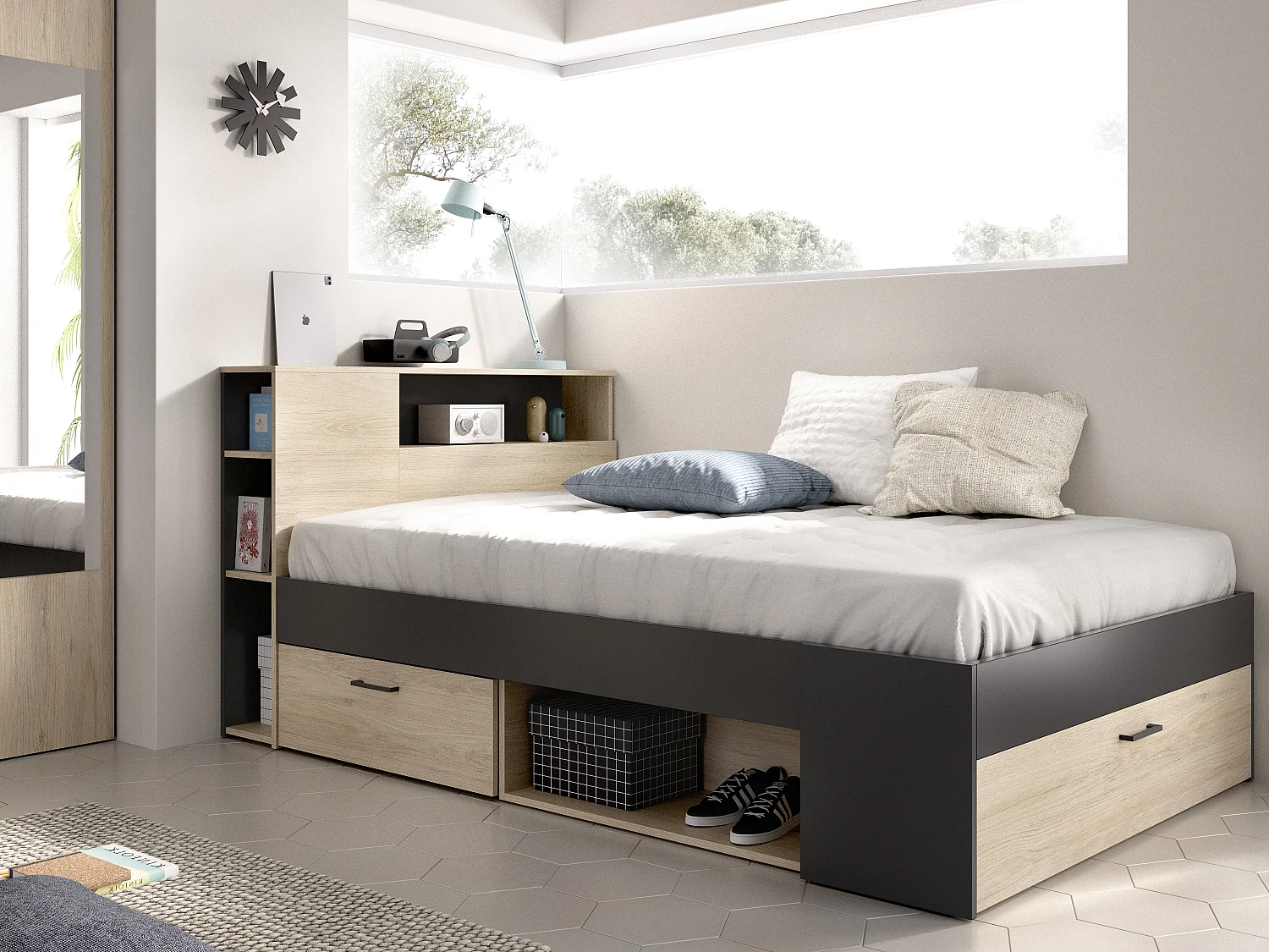Bed met hoofdeinde en opbergruimte 120 x 190 cm, naturel en antraciet - LEANDRE