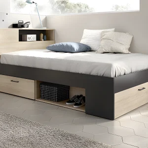 Bed 120 x 190 cm met hoofdeinde, naturel en antraciet + bedbodem + matras – LEANDRE