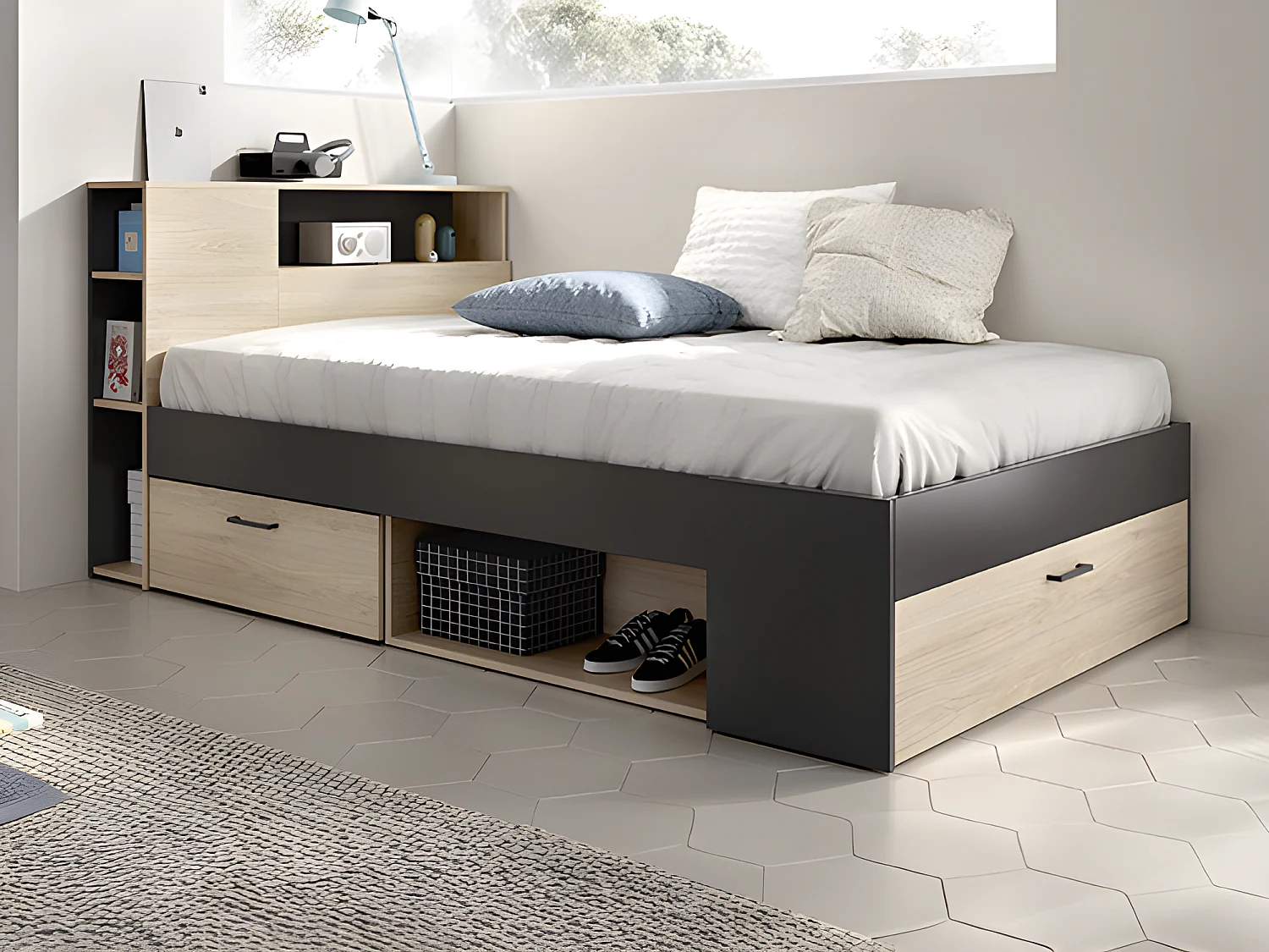 Bed 120 x 190 cm met hoofdeinde, naturel en antraciet + bedbodem + matras - LEANDRE
