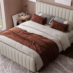 Bed met verstelbaar hoofdeinde – 160 x 200 cm – linnen stof – lattenbodem – beige