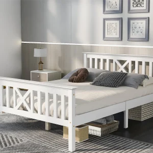 Bed met hoofdeinde – 140 x 200 cm – grenen – lattenbodem – kleur wit Bed met hoofdeinde – 140 x 200 cm – grenen – lattenbodem – kleur wit