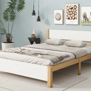 Bed met hoofdeinde – 140 x 200 cm – MDF – lattenbodem – kleur naturel en wit