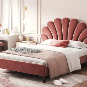 Bed met hoofdbord – 140 x 200 cm – stof fluweel – lattenbodem – rood Bed met hoofdbord – 140 x 200 cm – stof fluweel – lattenbodem – rood