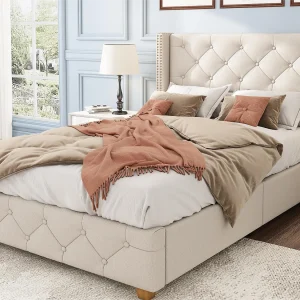 Bed met gestoffeerd hoofdbord – 90 x 200 cm – linnen stof – lattenbodem – beige kleur Bed met gestoffeerd hoofdbord – 90 x 200 cm – linnen stof – lattenbodem – beige kleur