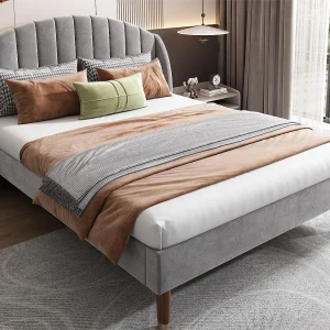 Bed met gecapitonneerd hoofdeinde – 140 x 200 cm – fluweel – lattenbodem – kleur grijs Bed met gecapitonneerd hoofdeinde – 140 x 200 cm – fluweel – lattenbodem – kleur grijs