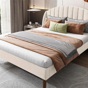 Bed met verstelbaar hoofdeinde – 160 x 200 cm – fluweel – lattenbodem – kleur beige Bed met verstelbaar hoofdeinde – 160 x 200 cm – fluweel – lattenbodem – kleur beige