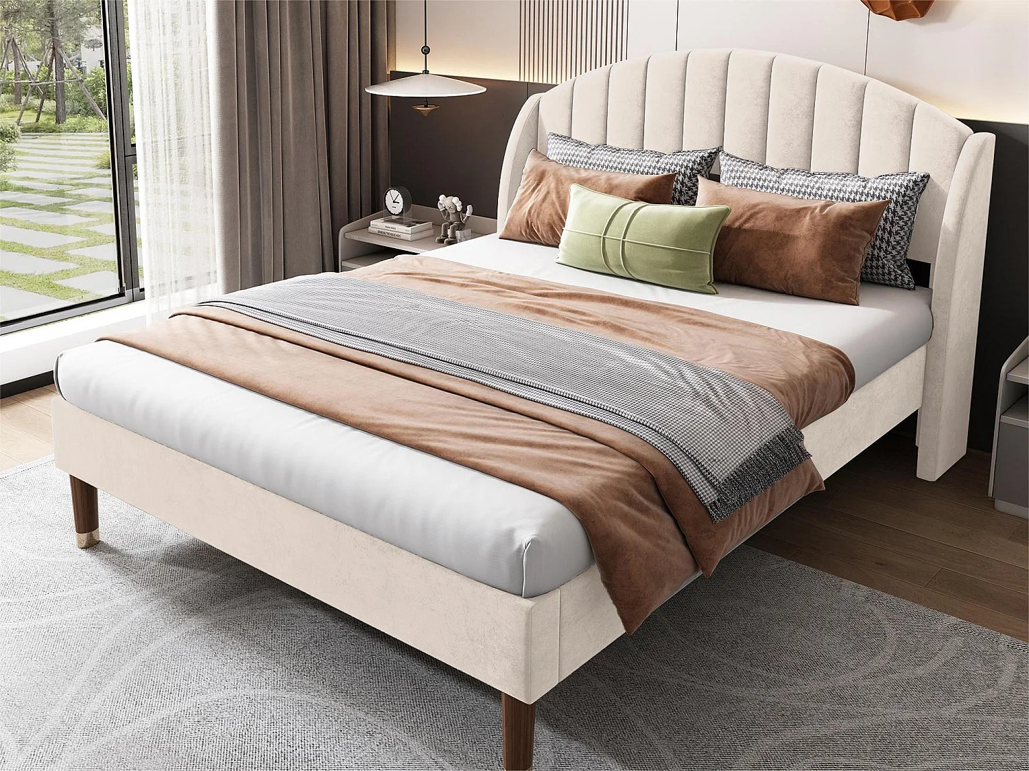 Bed met verstelbaar hoofdeinde - 160 x 200 cm - fluweel - lattenbodem - kleur beige