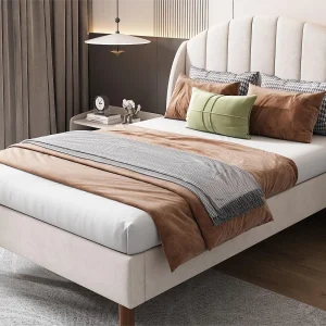 Bed 90 x 200 cm met hoofdeinde met verticale naad – fluweel – lattenbodem – kleur beige Bed 90 x 200 cm met hoofdeinde met verticale naad – fluweel – lattenbodem – kleur beige