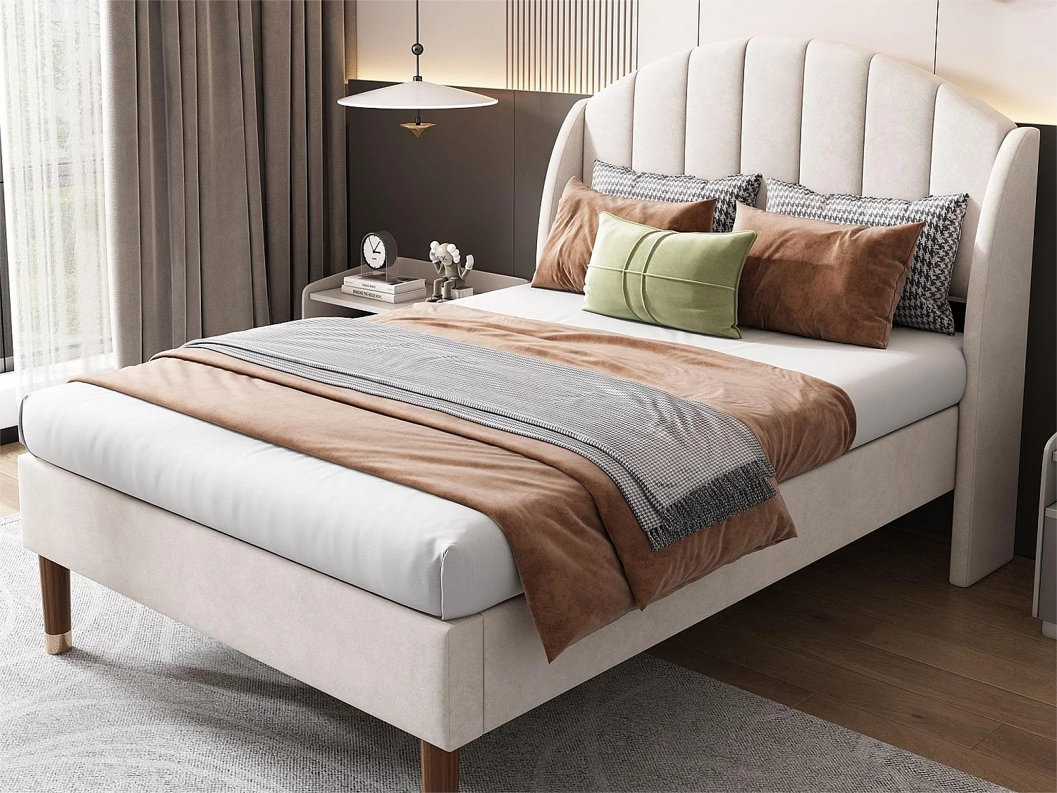 Bed 90 x 200 cm met hoofdeinde met verticale naad - fluweel - lattenbodem - kleur beige