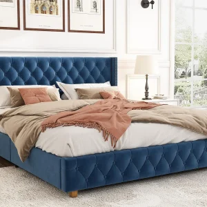 Bed met gestoffeerd hoofdeinde – 160 x 200 cm – fluweel – lattenbodem – blauwe kleur Bed met gestoffeerd hoofdeinde – 160 x 200 cm – fluweel – lattenbodem – blauwe kleur