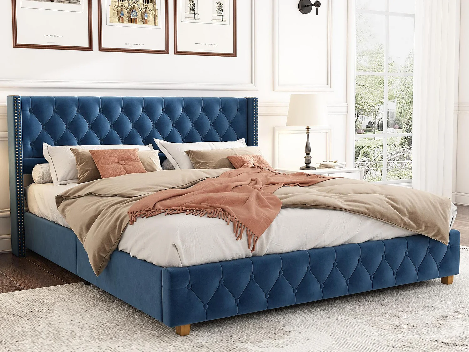 Bed met gestoffeerd hoofdeinde - 160 x 200 cm - fluweel - lattenbodem - blauwe kleur