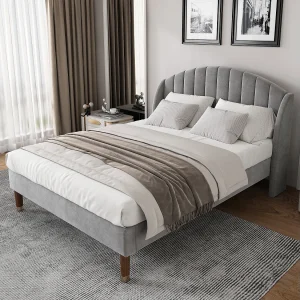 Bed met verstelbaar hoofdeinde – 160 x 200 cm – fluweel – lattenbodem – kleur grijs Bed met verstelbaar hoofdeinde – 160 x 200 cm – fluweel – lattenbodem – kleur grijs