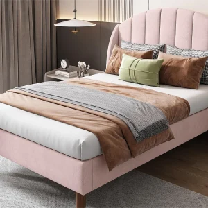 Bed 90 x 200 cm met verticaal stiksel hoofdbord – fluweel – lattenbodem – kleur roze Bed 90 x 200 cm met verticaal stiksel hoofdbord – fluweel – lattenbodem – kleur roze
