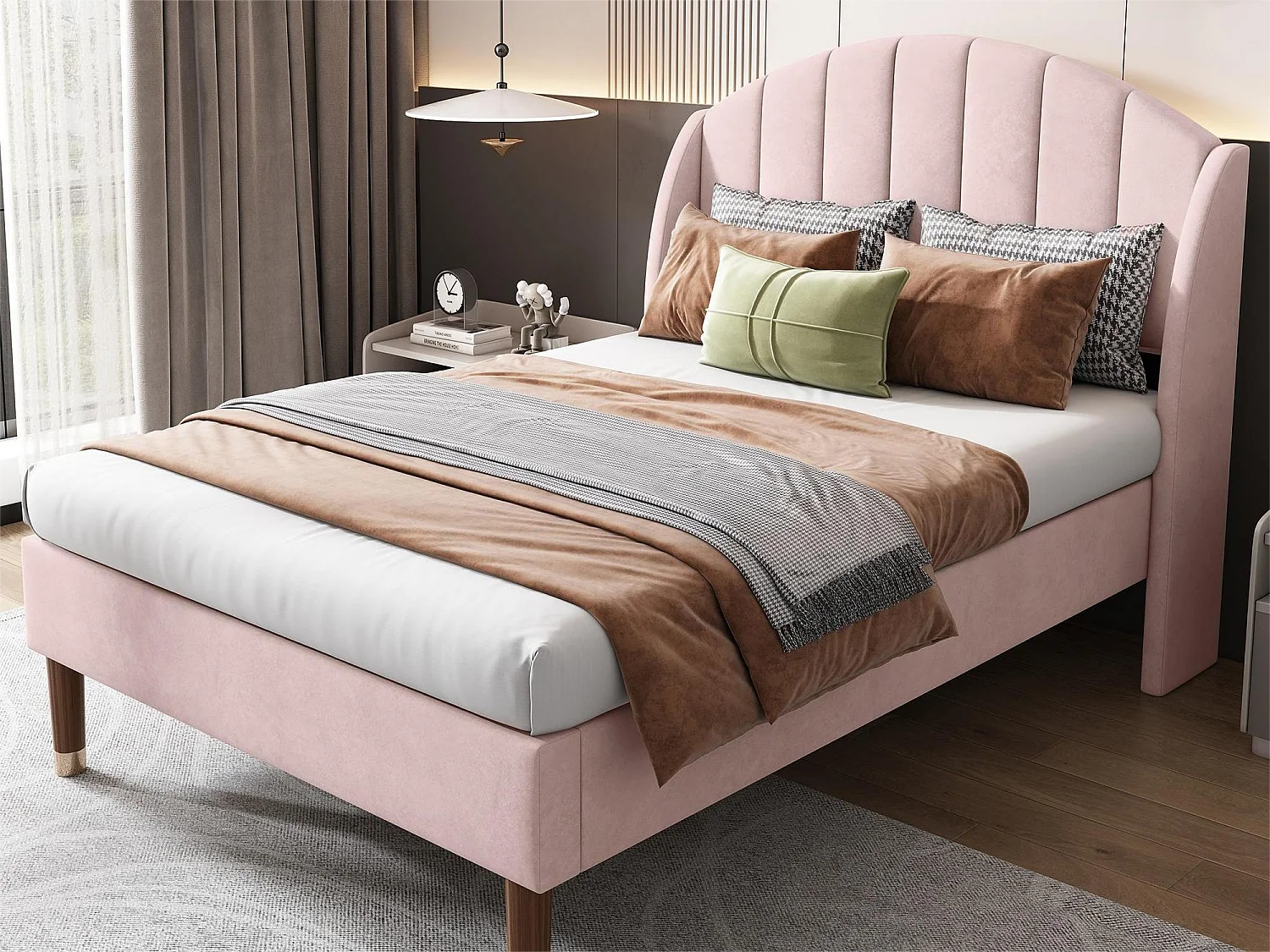 Bed 90 x 200 cm met verticaal stiksel hoofdbord - fluweel - lattenbodem - kleur roze