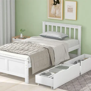 Bed met hoofdeinde en 2 lades – 90 x 200 cm – grenen – lattenbodem – wit Bed met hoofdeinde en 2 lades – 90 x 200 cm – grenen – lattenbodem – wit