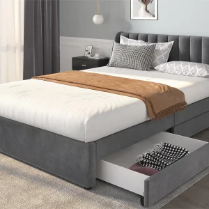 Bed met hoofdeinde en 2 lades – 160 x 200 cm – stof fluweel – lattenbodem – grijs Bed met hoofdeinde en 2 lades – 160 x 200 cm – stof fluweel – lattenbodem – grijs