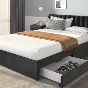 Bed met hoofdbord en 2 lades – 160 x 200 cm – fluweel – lattenbodem – modern design – zwart Bed met hoofdbord en 2 lades – 160 x 200 cm – fluweel – lattenbodem – modern design – zwart