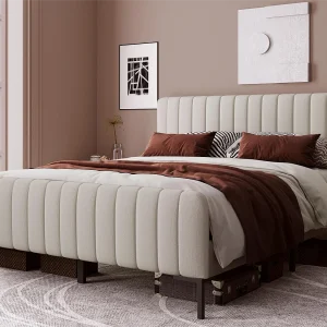 Bed met verstelbaar hoofdeinde – 180 x 200 cm – linnen stof – lattenbodem – beige