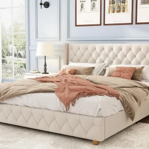 Bed met gestoffeerd hoofdbord – 140 x 190 cm – linnen stof – lattenbodem – beige kleur Bed met gestoffeerd hoofdbord – 140 x 190 cm – linnen stof – lattenbodem – beige kleur