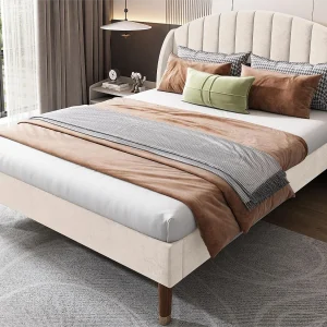 Bed met gewatteerd hoofdeinde – 140 x 200 cm – fluweel – lattenbodem – kleur beige Bed met gewatteerd hoofdeinde – 140 x 200 cm – fluweel – lattenbodem – kleur beige