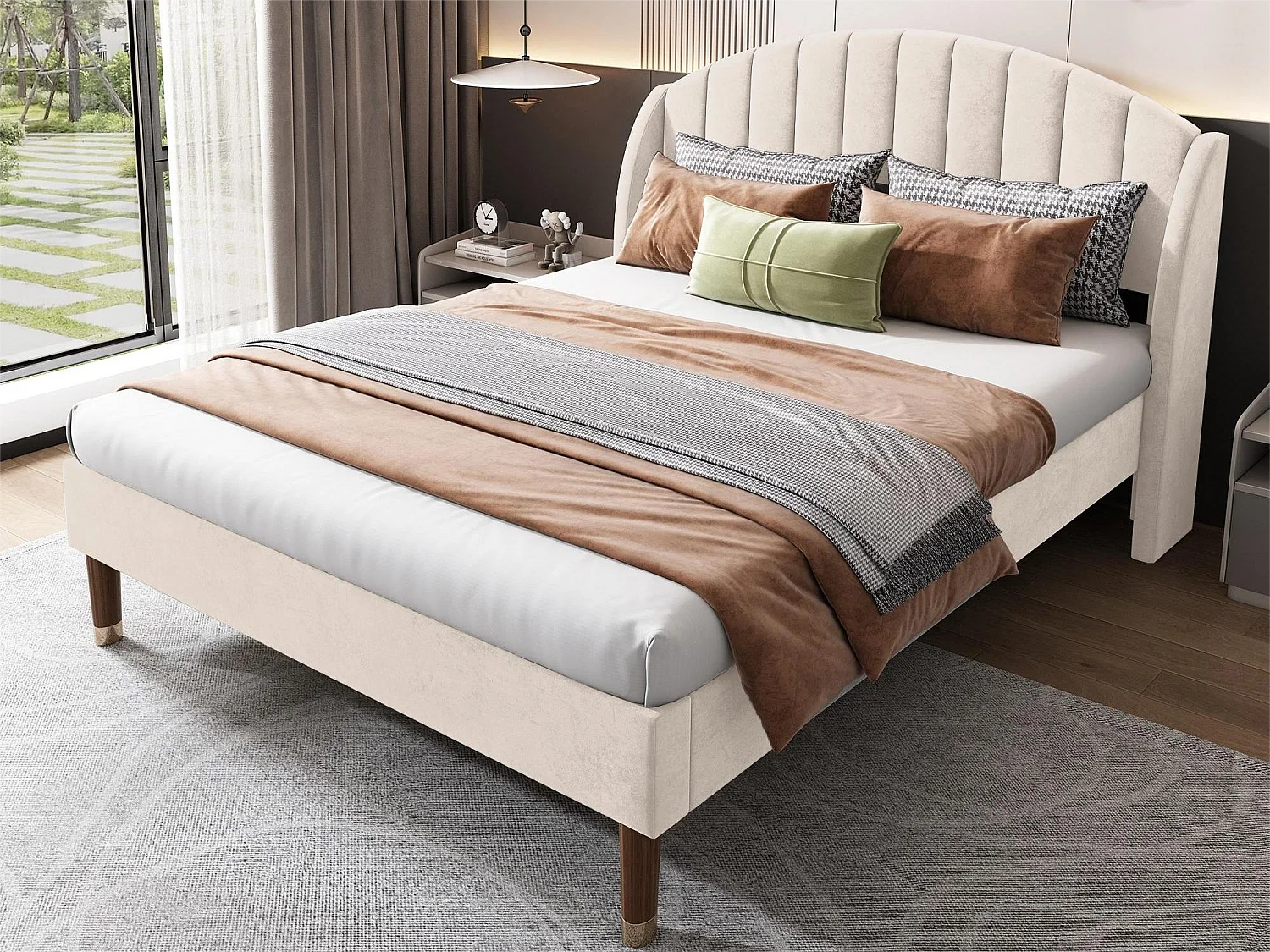 Bed met gewatteerd hoofdeinde - 140 x 200 cm - fluweel - lattenbodem - kleur beige