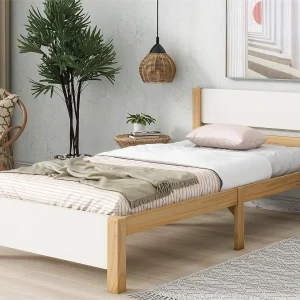 Bed met hoofdeinde – 90 x 200 cm – MDF – lattenbodem – natuurlijke en witte kleuren