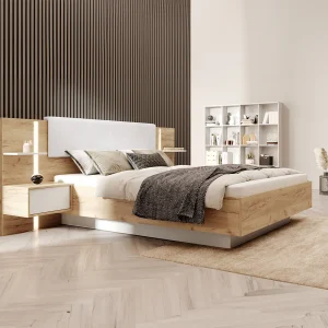 Bed 160 x 200 cm in houtlook en wit, met nachtkastjes en ledverlichting + bedbodem – ELYNIA