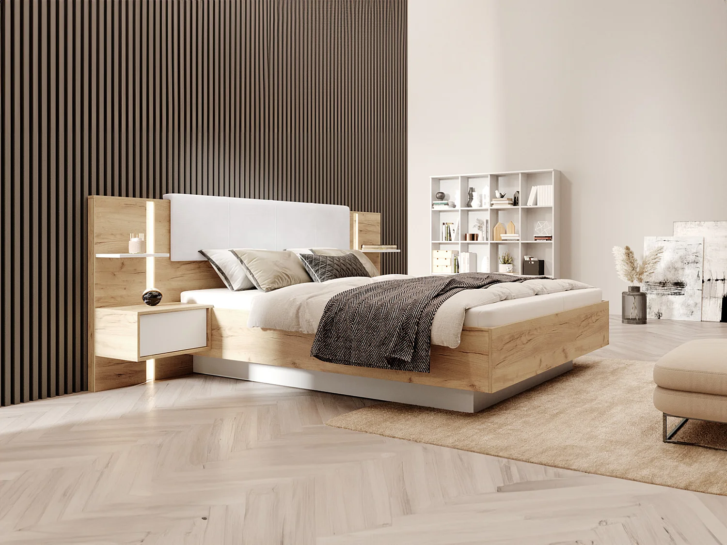 Bed 160 x 200 cm in houtlook en wit, met nachtkastjes en ledverlichting + bedbodem - ELYNIA