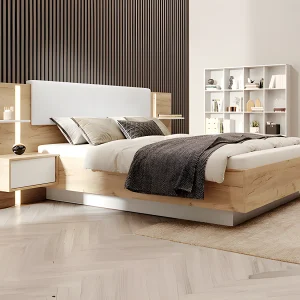 Bed 160 x 200 cm in houtlook en wit, met nachtkastjes en ledverlichting + bedbodem + matras – ELYNIA