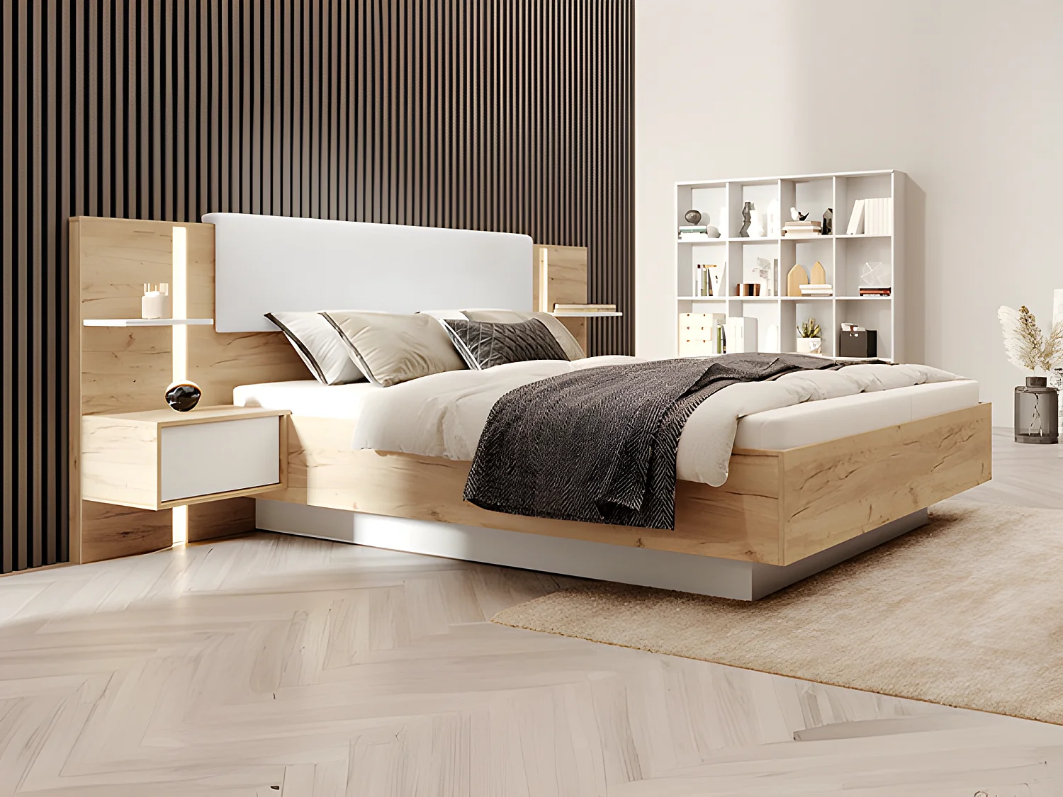 Bed 160 x 200 cm in houtlook en wit, met nachtkastjes en ledverlichting + bedbodem + matras - ELYNIA