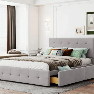 Bed met verstelbaar hoofdeinde en 4 opberglades – 140 x 200 cm – stof fluweel – lattenbodem – grijs