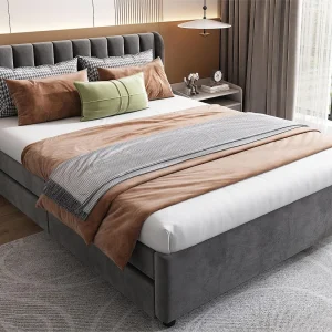 Bed met 2 lades – 140 x 200 cm – fluweel – lattenbodem – kleur grijs Bed met 2 lades – 140 x 200 cm – fluweel – lattenbodem – kleur grijs