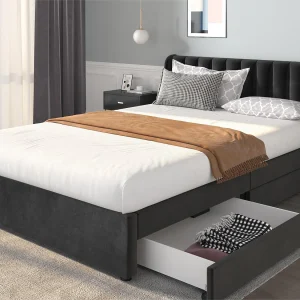 Bed met 2 lades – 140 x 200 cm – fluweel – lattenbodem – kleur zwart Bed met 2 lades – 140 x 200 cm – fluweel – lattenbodem – kleur zwart