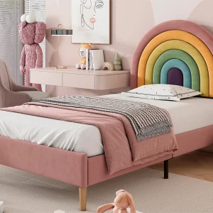 Bed met verstelbaar hoofdeinde – 90 x 200 cm – fluweel – lattenbodem – kleur roze