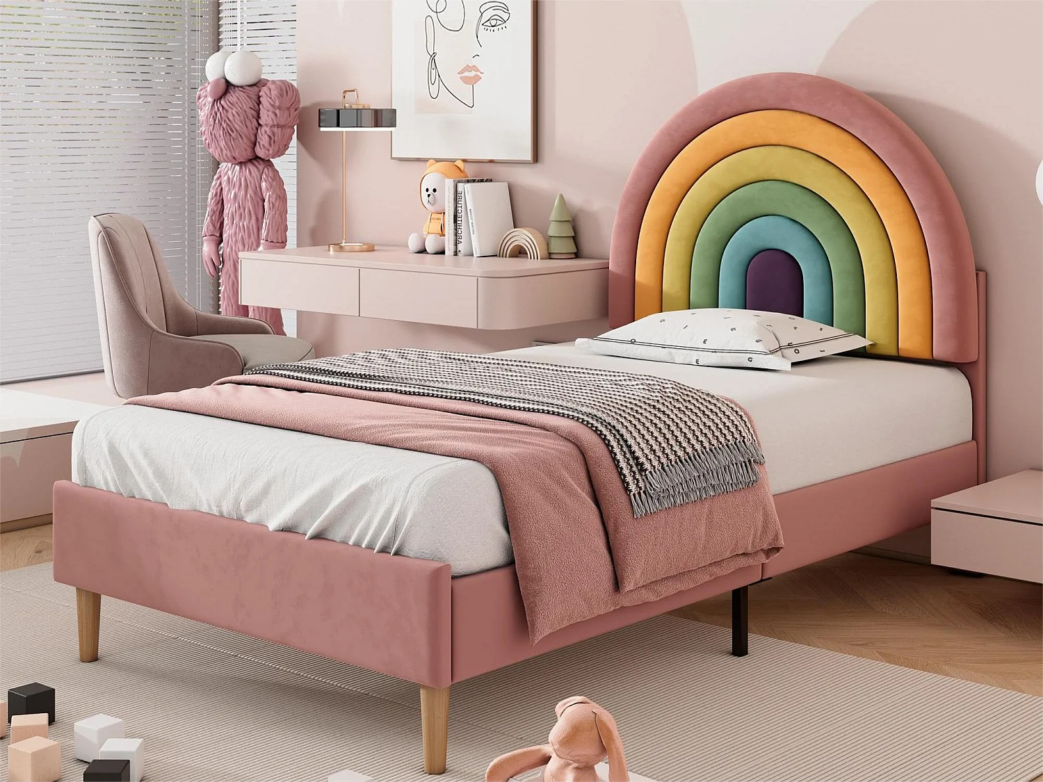 Bed met verstelbaar hoofdeinde - 90 x 200 cm - fluweel - lattenbodem - kleur roze