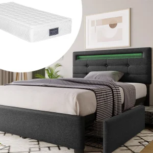 Bed 90 x 200 cm – linnen stof – LED's – grijs + matras Bed 90 x 200 cm – linnen stof – LED's – grijs + matras