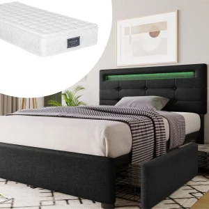 Bed 90 x 200 cm – linnen stof – LED's – zwart + matras Bed 90 x 200 cm – linnen stof – LED's – zwart + matras