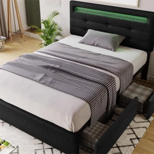 Bed 90 x 200 cm – linnenstof – LED's – zwart Bed 90 x 200 cm – linnenstof – LED's – zwart