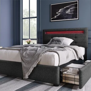 Bed 90 x 200 cm – linnenstof – LED's – grijs Bed 90 x 200 cm – linnenstof – LED's – grijs