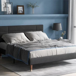 Bed met hoofdeinde – 140 x 200 cm – linnen stof – grijs Bed met hoofdeinde – 140 x 200 cm – linnen stof – grijs
