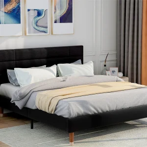 Bed met hoofdeinde – 140 x 200 cm – linnen stof – zwart Bed met hoofdeinde – 140 x 200 cm – linnen stof – zwart