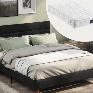Bed met hoofdeinde – 140 x 200 cm – linnen stof – zwart + matras Bed met hoofdeinde – 140 x 200 cm – linnen stof – zwart + matras