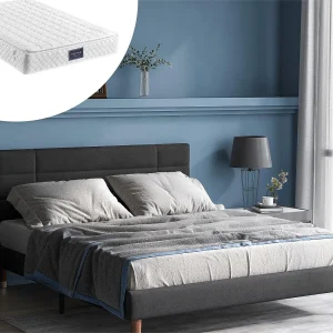 Bed met hoofdeinde – 140 x 200 cm – linnen stof – grijs + matras Bed met hoofdeinde – 140 x 200 cm – linnen stof – grijs + matras
