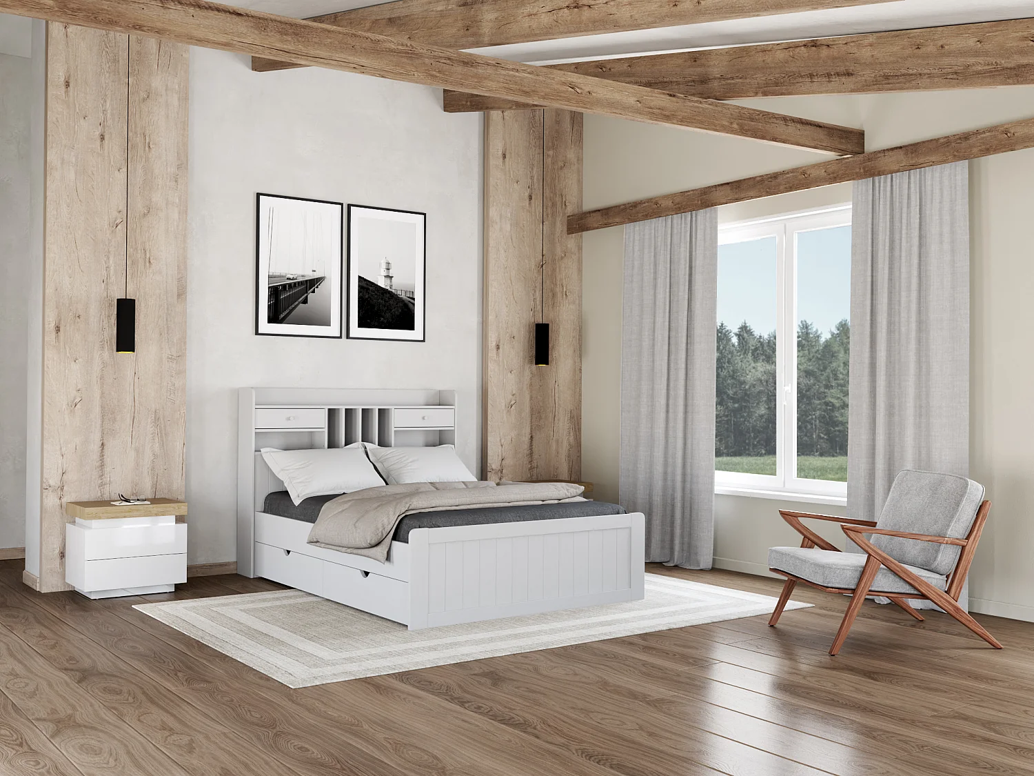 Bed MEDERICK met opbergruimte - 140 x 190cm - wit grenen