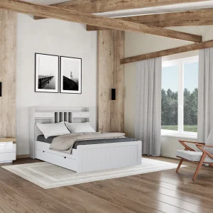 Bed met opbergruimte – 140 x 190 cm – Wit – Dennenhout + Bedbodem – MEDERICK Bed met opbergruimte – 140 x 190 cm – Wit – Dennenhout + Bedbodem – MEDERICK