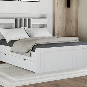 Bed met opbergruimte 140 x 190 cm van wit gekleurd grenen + bedbodem + matras – MEDERICK