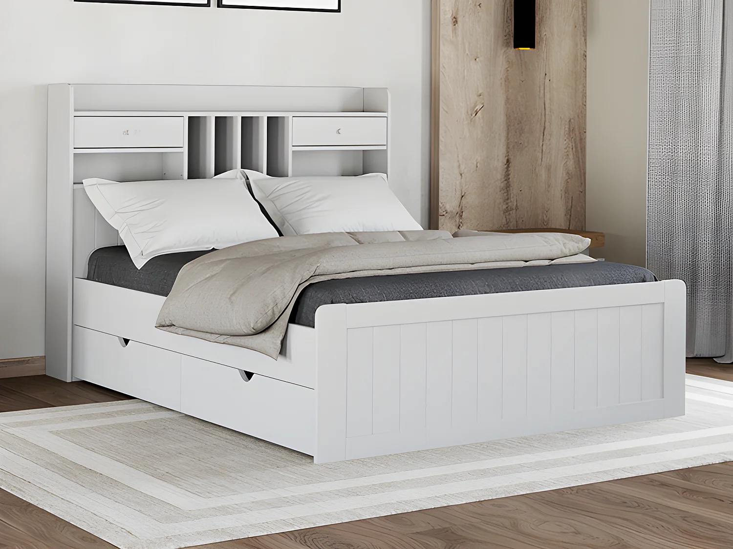 Bed met opbergruimte 140 x 190 cm van wit gekleurd grenen + bedbodem + matras - MEDERICK