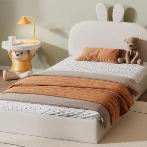 Bed met konijnenhoofdeinde – 90 x 200 cm – fluweel – kleur: beige