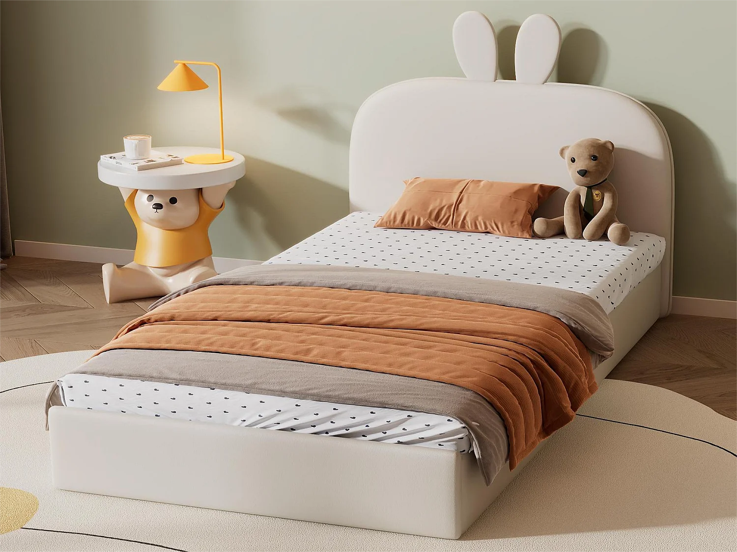 Bed met konijnenhoofdeinde - 90 x 200 cm - fluweel - kleur: beige